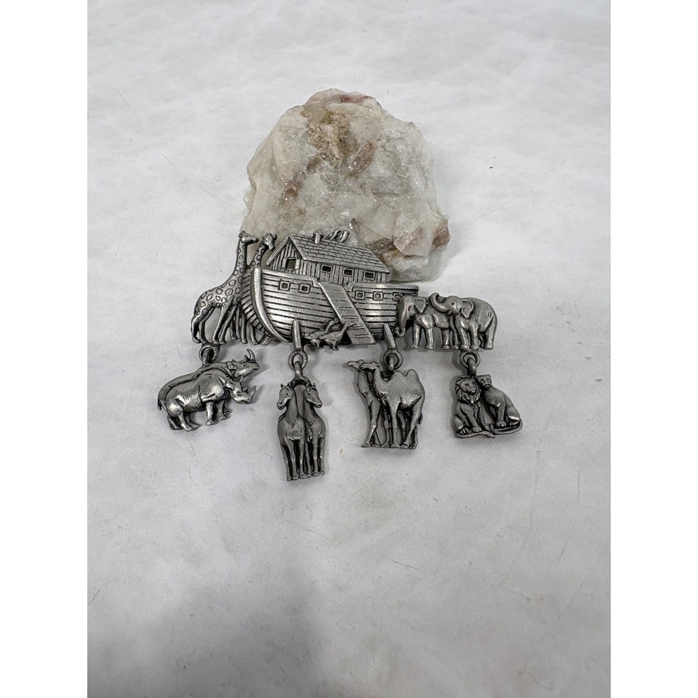 JJ Jonette Noahs Ark Brooch Pewter Tone Dangling Animal Charms Vintage Pin